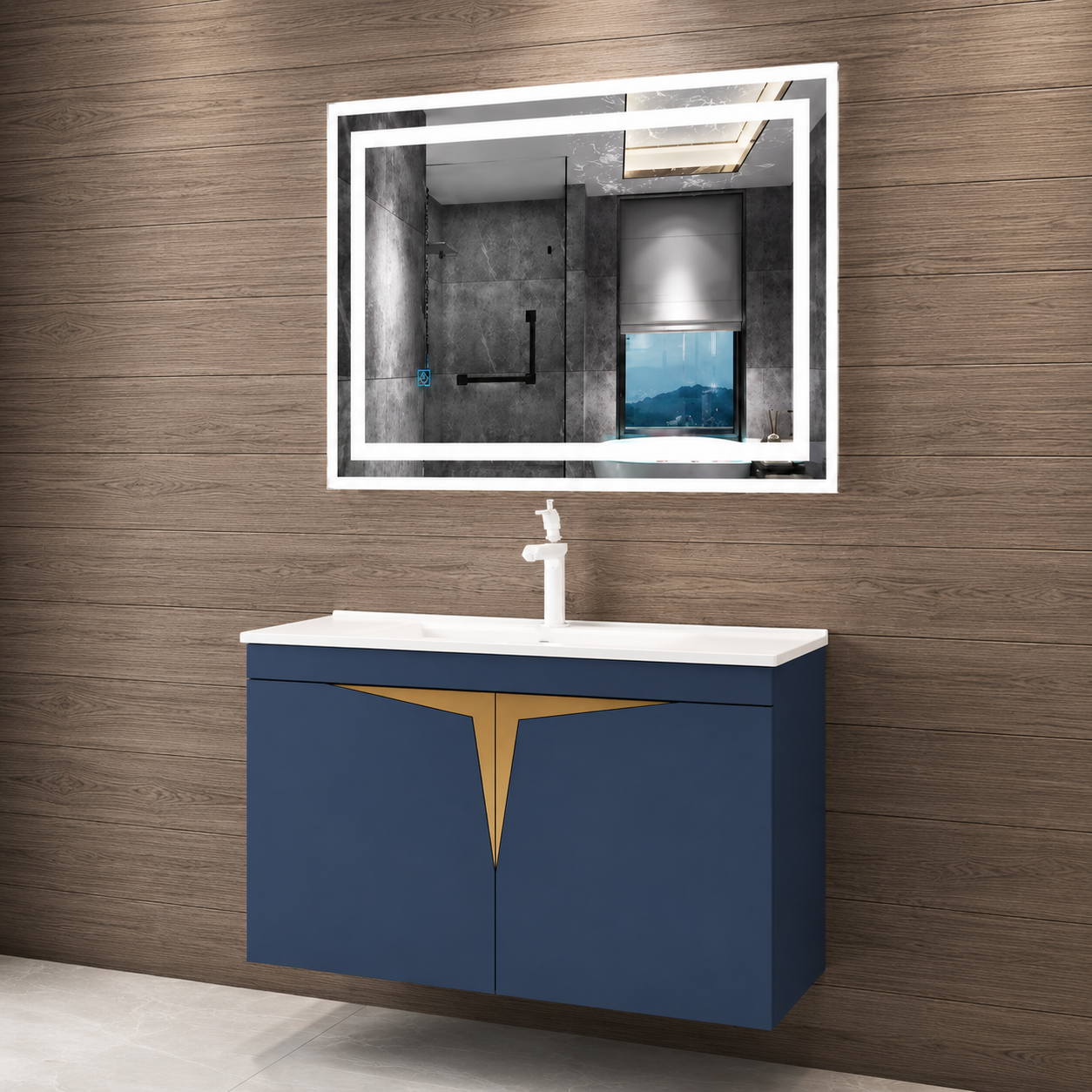 GAP PVC Bathroom Vanity M-516 – Blue & Gold Wall Hanging Cabinet - Image 4