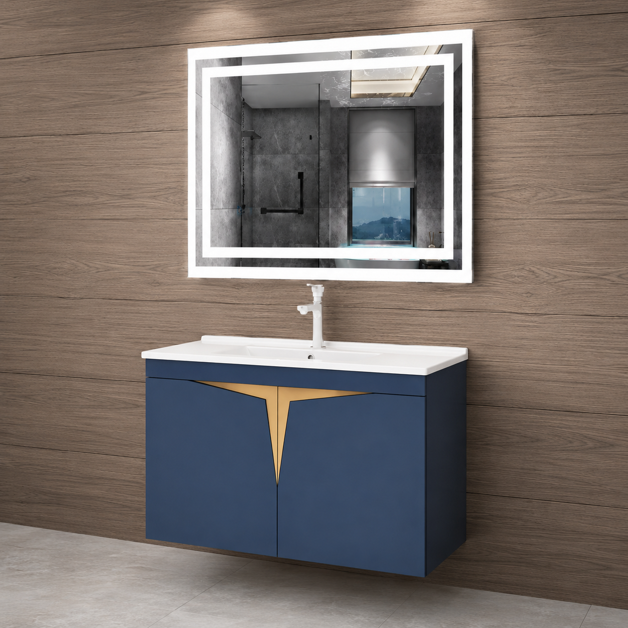 GAP PVC Bathroom Vanity M-516 – Blue & Gold Wall Hanging Cabinet - Image 3