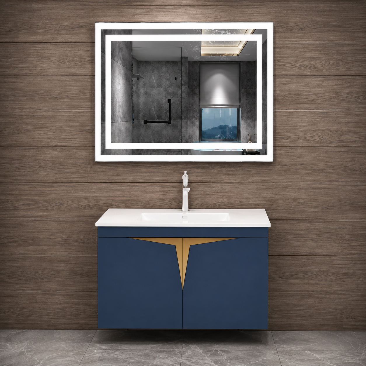 GAP PVC Bathroom Vanity M-516 – Blue & Gold Wall Hanging Cabinet - Image 2
