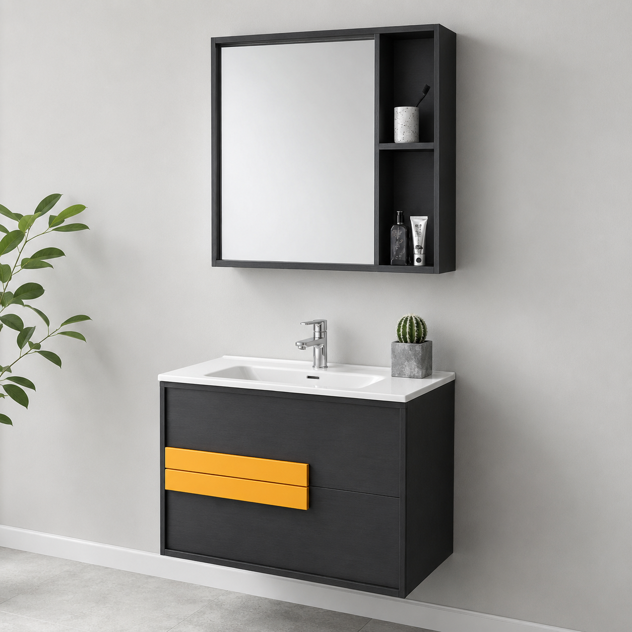 GAP PVC Bathroom Vanity M-517 – Black & Gold Wall Hanging Cabinet - Image 4