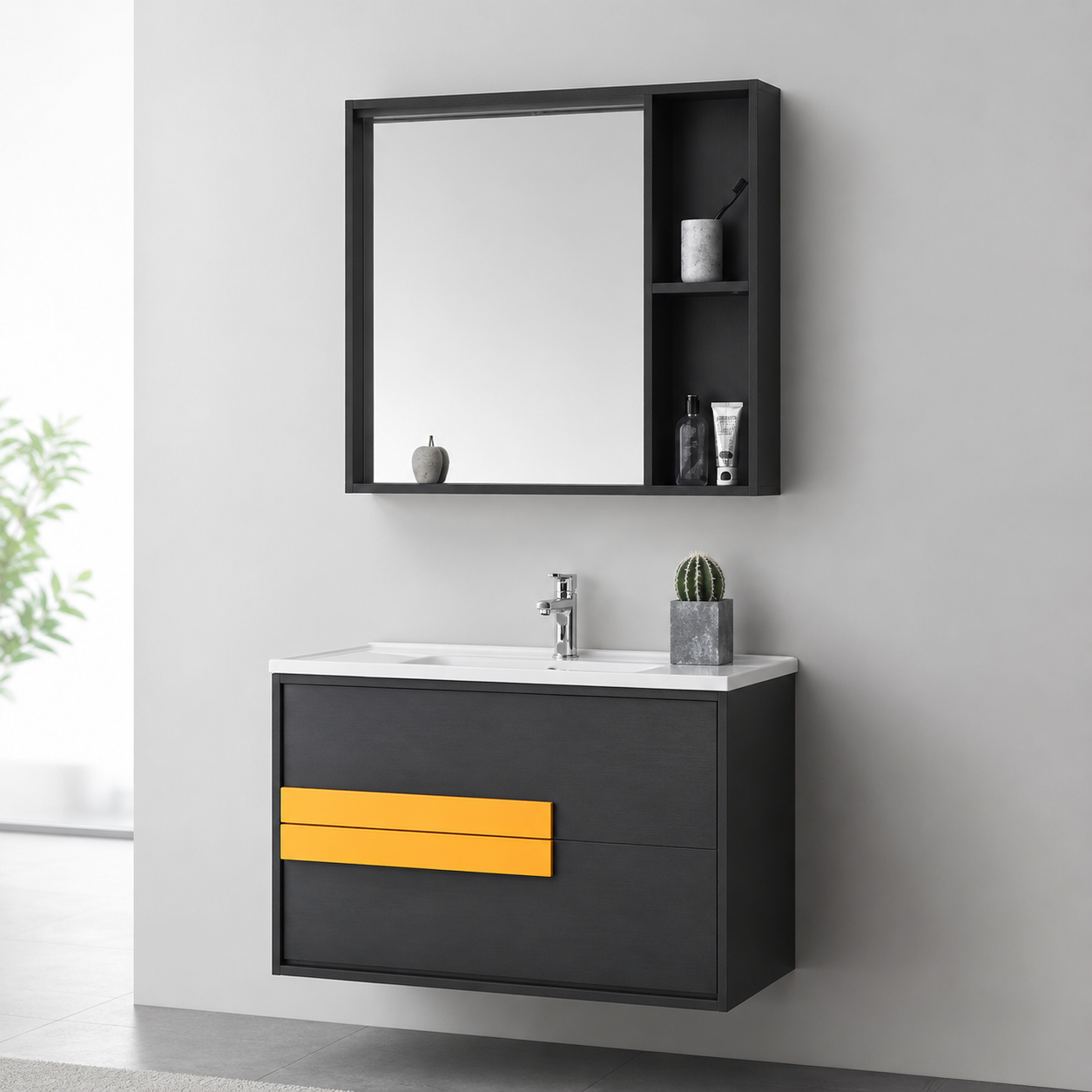 GAP PVC Bathroom Vanity M-517 – Black & Gold Wall Hanging Cabinet - Image 3