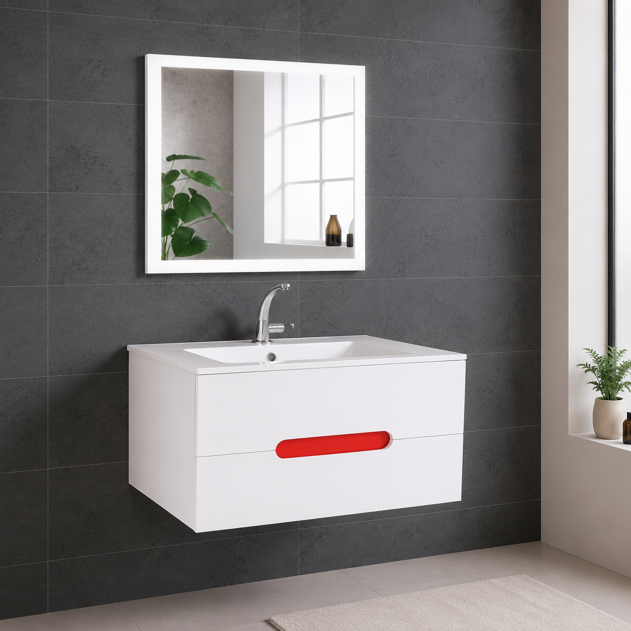 GAP PVC Bathroom Vanity M-519 – White & Red Wall Hanging Cabinet - Image 4