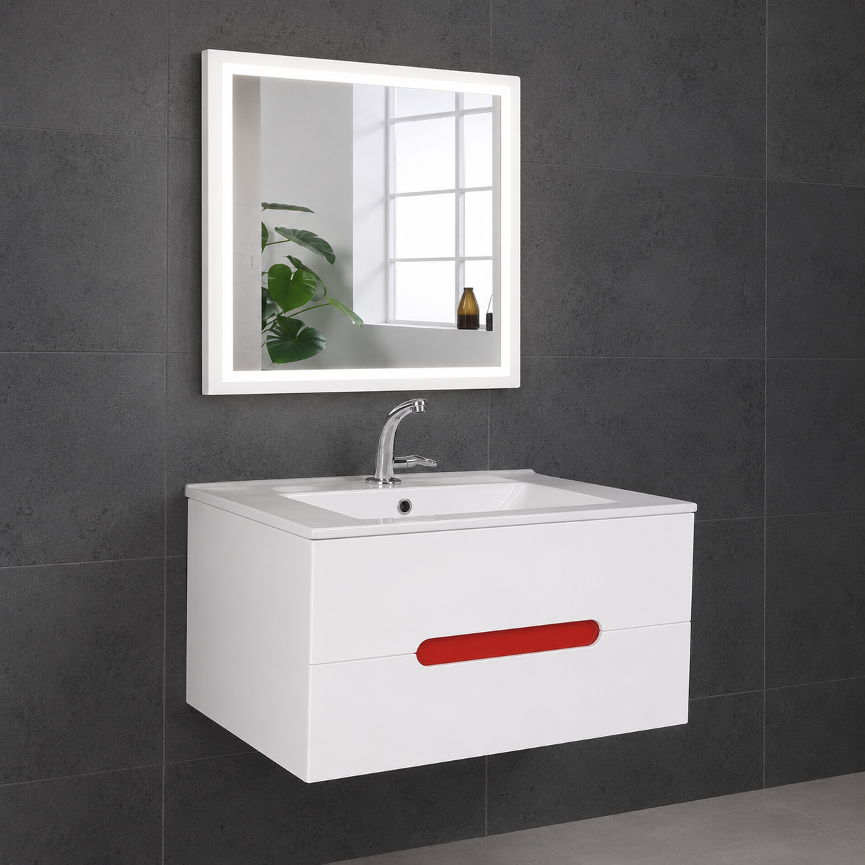 GAP PVC Bathroom Vanity M-519 – White & Red Wall Hanging Cabinet - Image 3