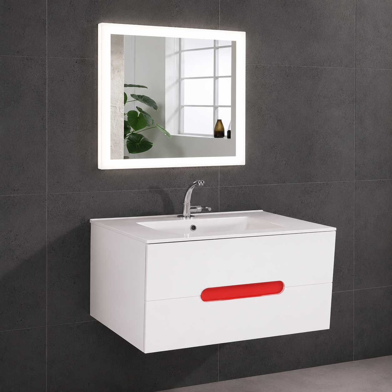 GAP PVC Bathroom Vanity M-519 – White & Red Wall Hanging Cabinet - Image 2