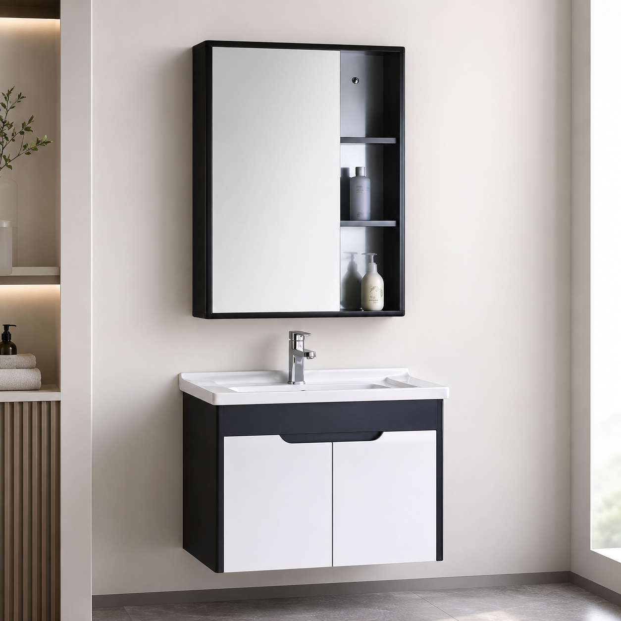 GAP PVC Bathroom Vanity M-527 – Black & White Wall Hanging Vanity Cabinet