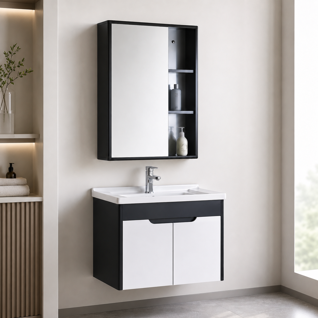 GAP PVC Bathroom Vanity M-527 – Black & White Wall Hanging Vanity Cabinet - Image 4