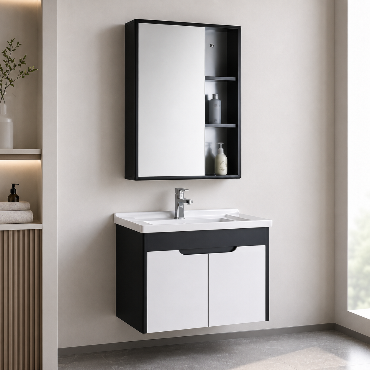 GAP PVC Bathroom Vanity M-527 – Black & White Wall Hanging Vanity Cabinet - Image 3
