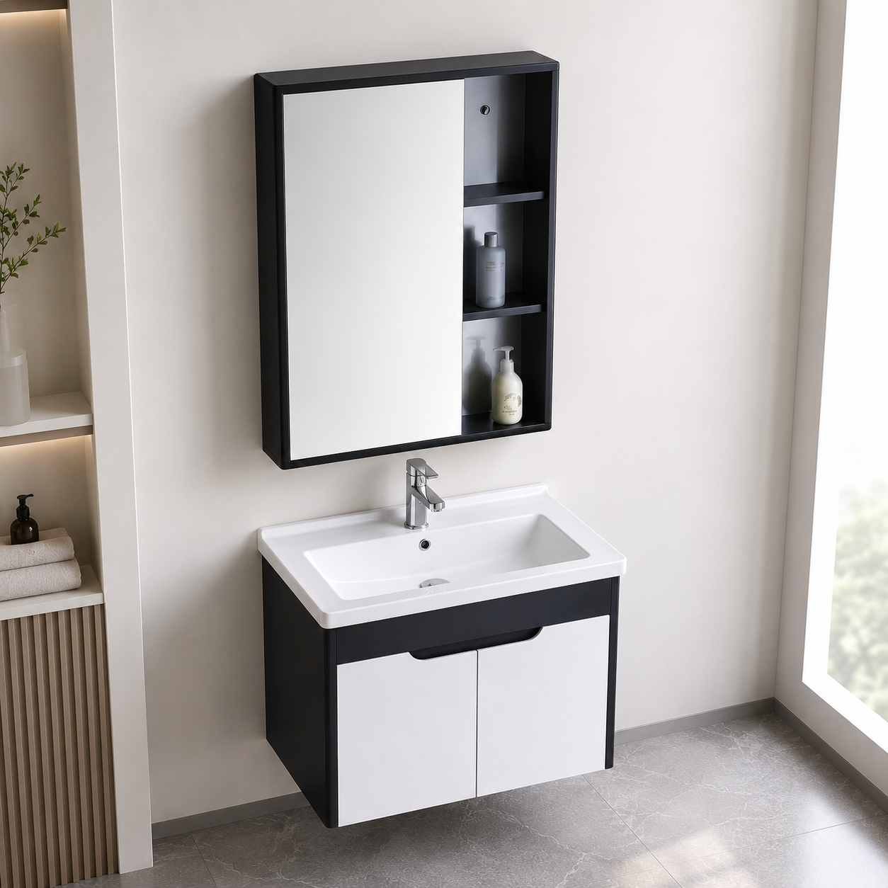 GAP PVC Bathroom Vanity M-527 – Black & White Wall Hanging Vanity Cabinet - Image 2