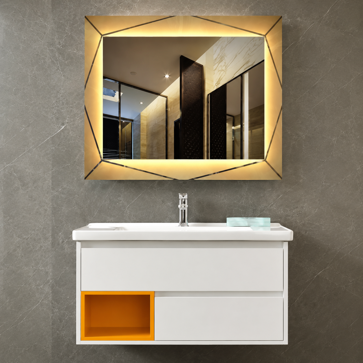 GAP PVC Bathroom Vanity M-529 – White & Yellow Wall-Hanging Vanity Cabinet