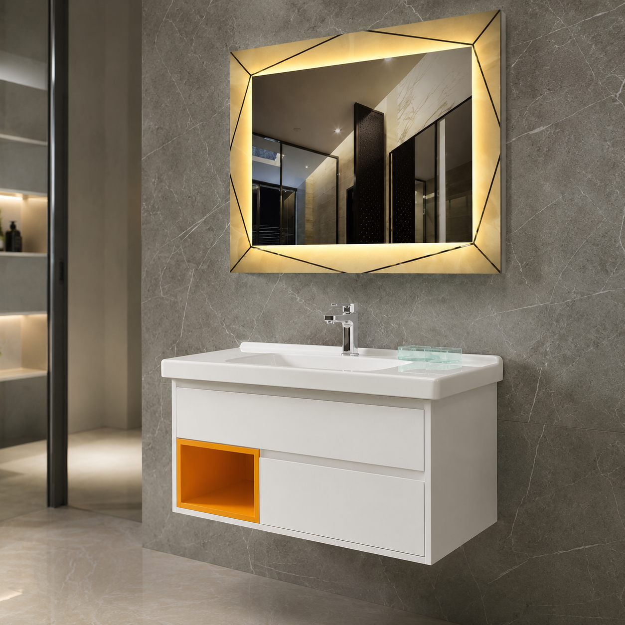 GAP PVC Bathroom Vanity M-529 – White & Yellow Wall-Hanging Vanity Cabinet - Image 4