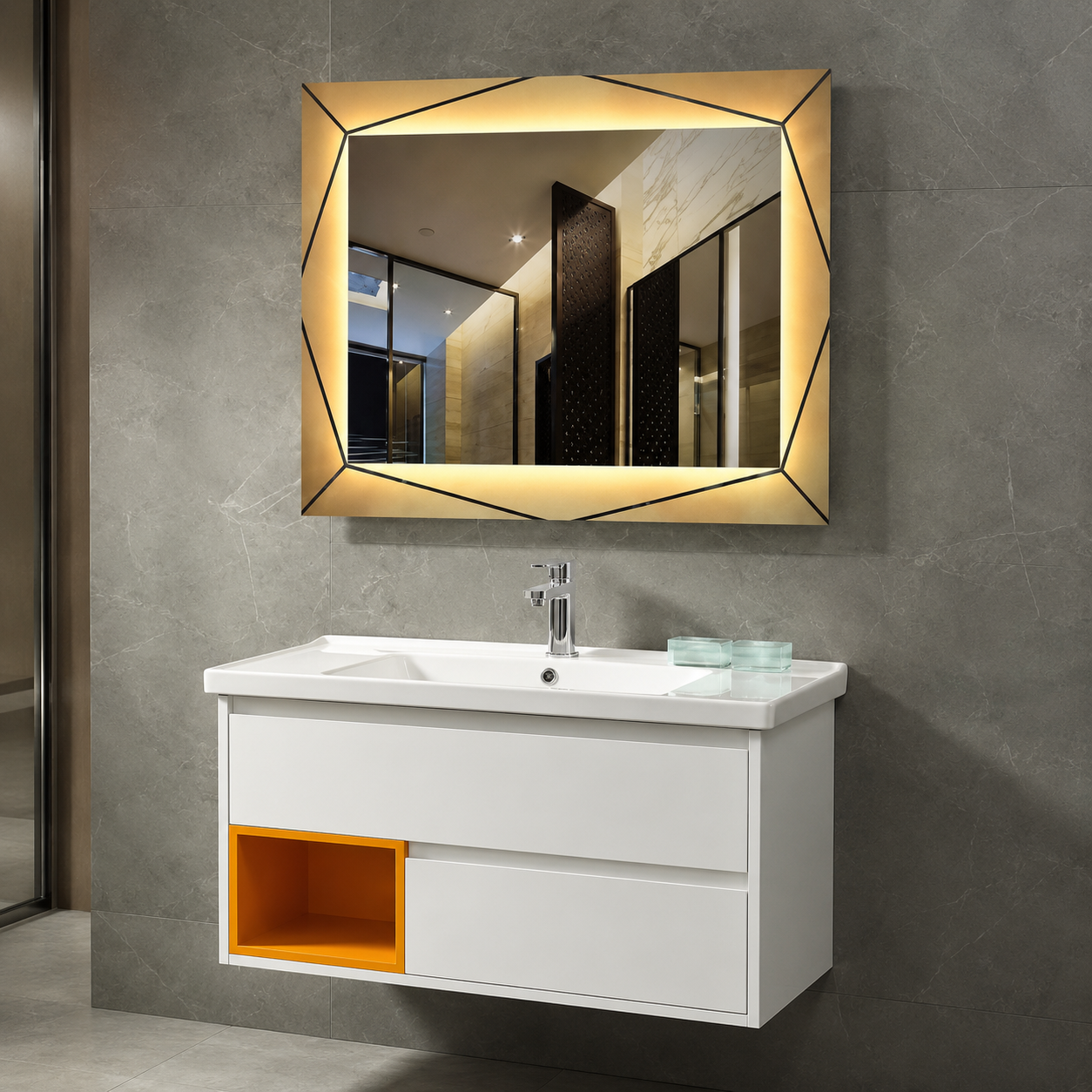 GAP PVC Bathroom Vanity M-529 – White & Yellow Wall-Hanging Vanity Cabinet - Image 3