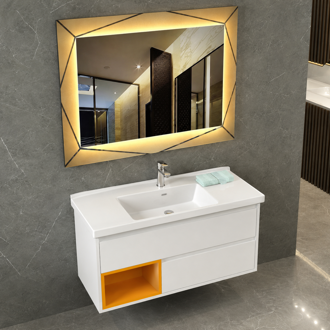 GAP PVC Bathroom Vanity M-529 – White & Yellow Wall-Hanging Vanity Cabinet - Image 2