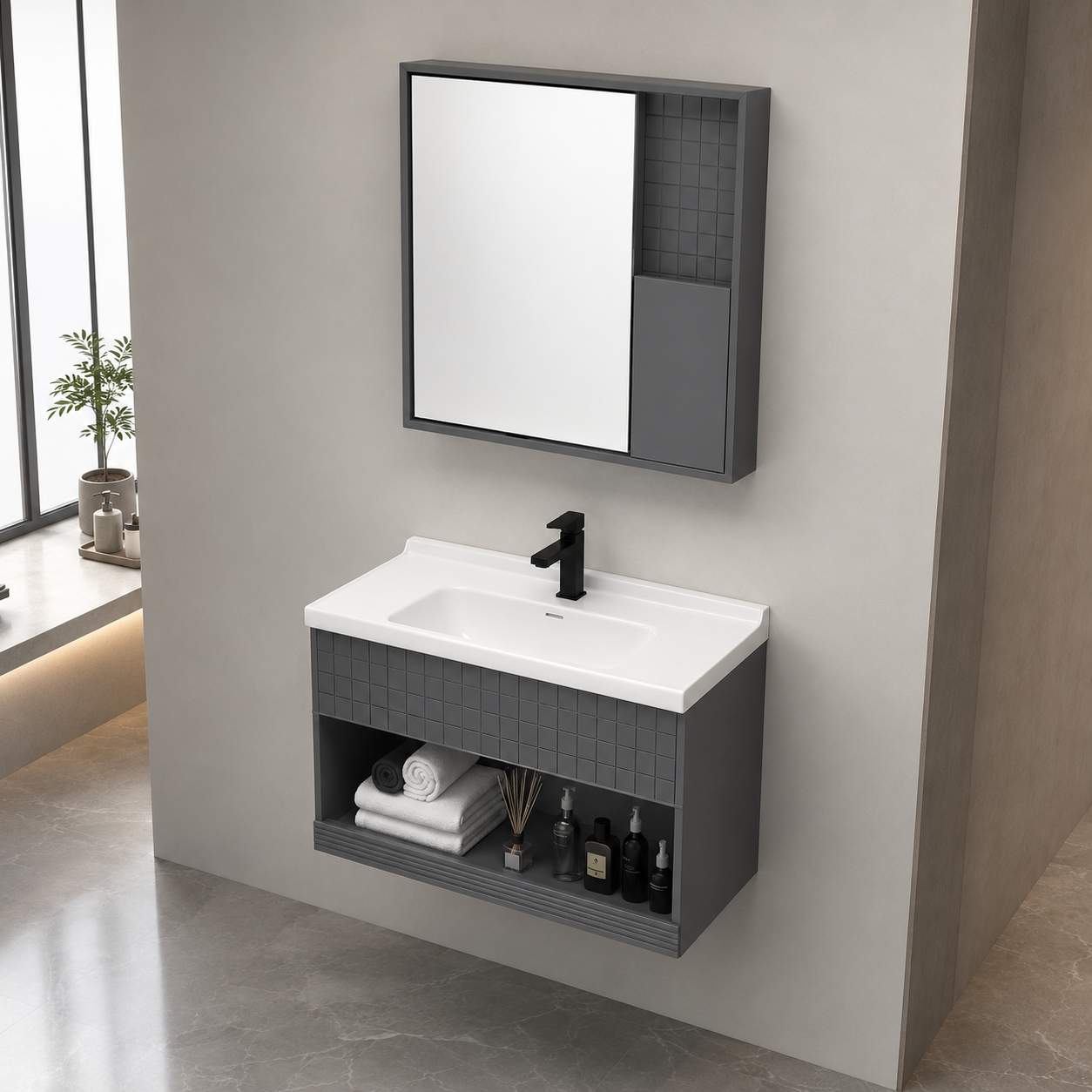 GAP PVC Bathroom Vanity M-533 – Black Wall-Hanging Vanity Cabinet - Image 2