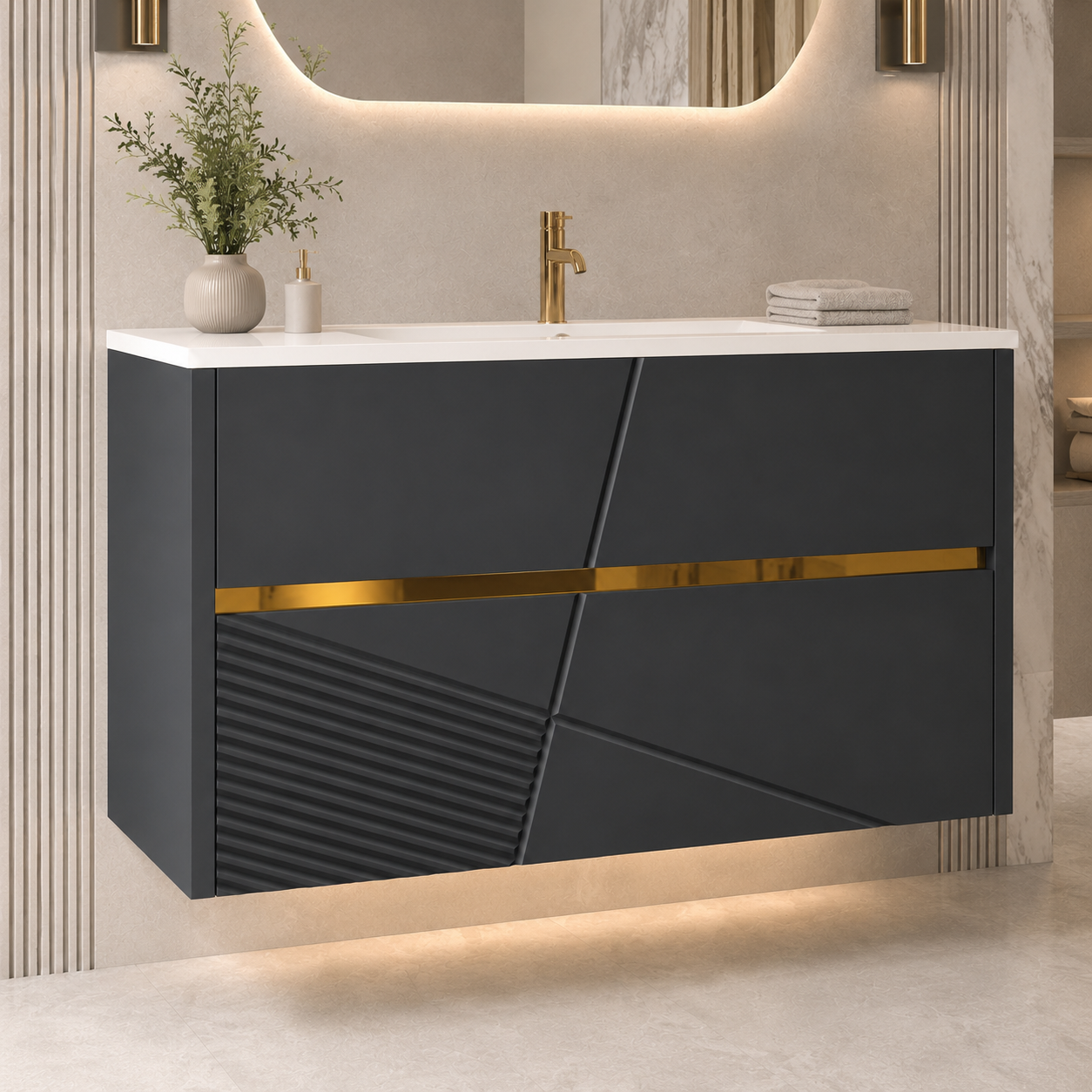 GAP PVC Bathroom Vanity M-536 – Black Wall-Hanging Vanity Cabinet - Image 4