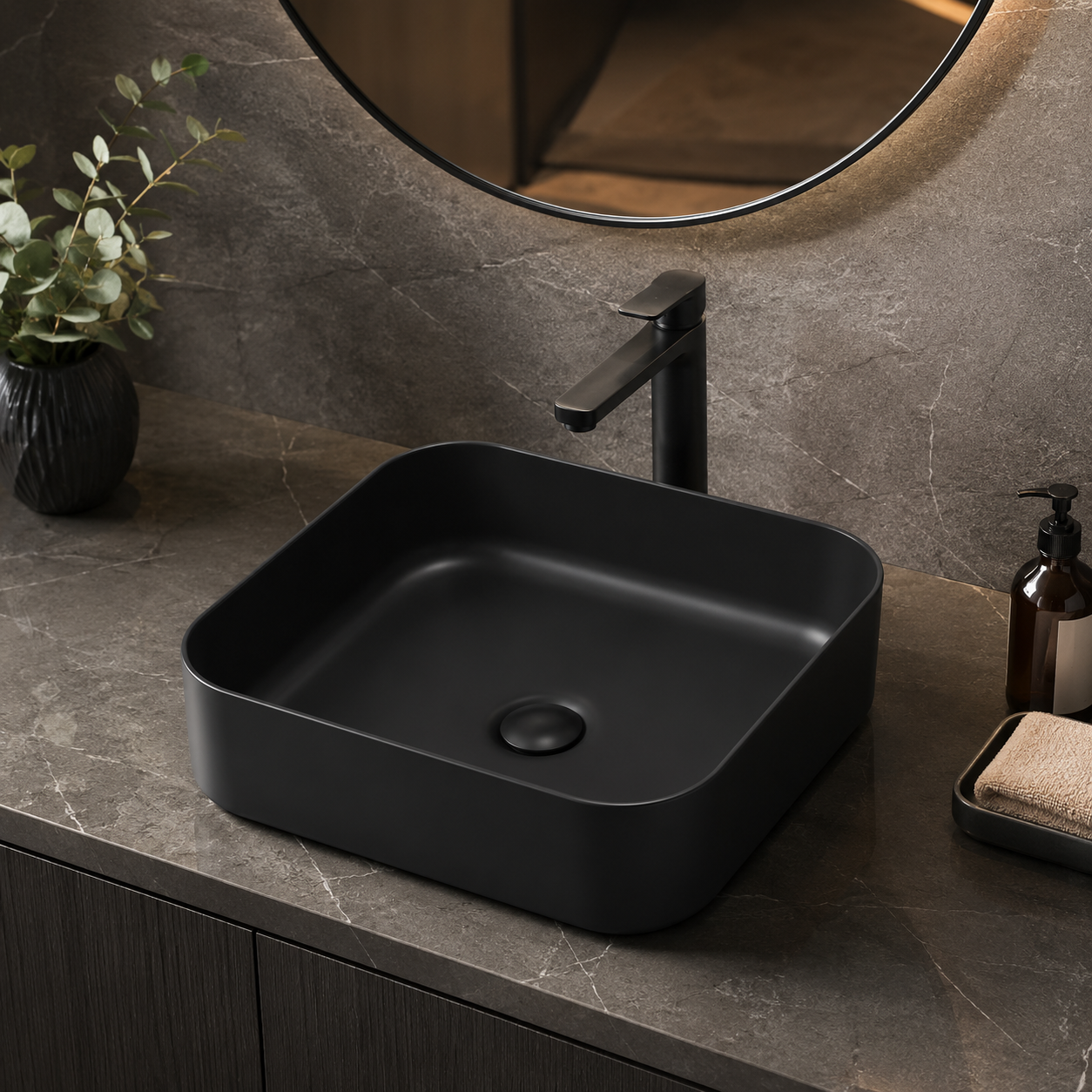 Sapphire Matte Black Square Countertop Vanity Basin – Code 1818MB - Image 2