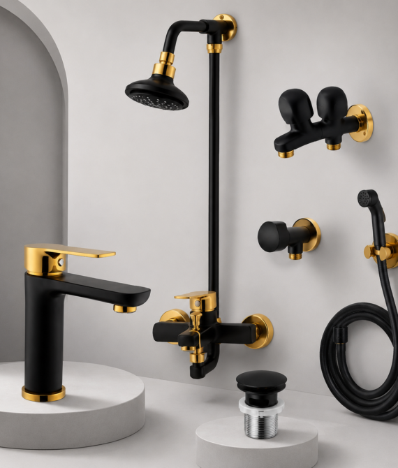 Faisal Sanitary Next Series Black & Gold Bathroom Set – 6 Piece