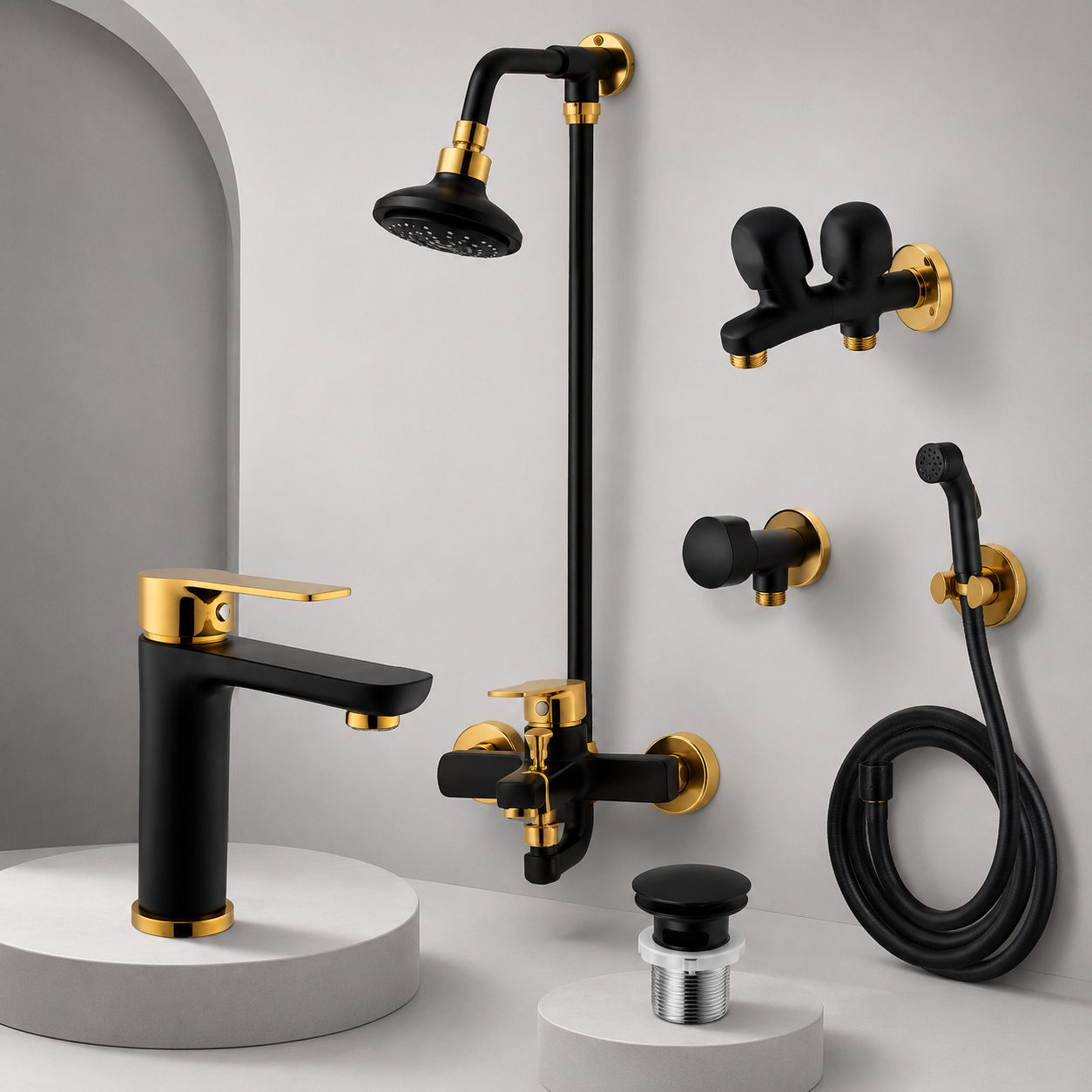 Faisal Sanitary Next Series Black & Gold Bathroom Set – 6 Piece
