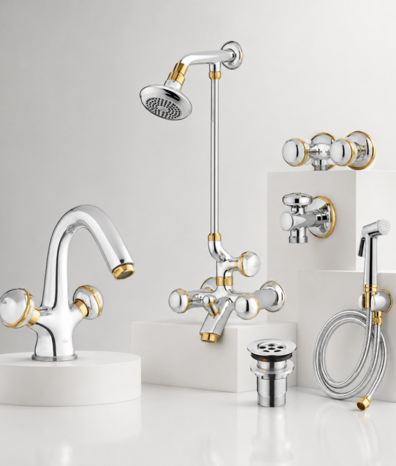 Faisal Sanitary Galaxy Series Full Round Chrome & Gold Bathroom Set – 6 Piece