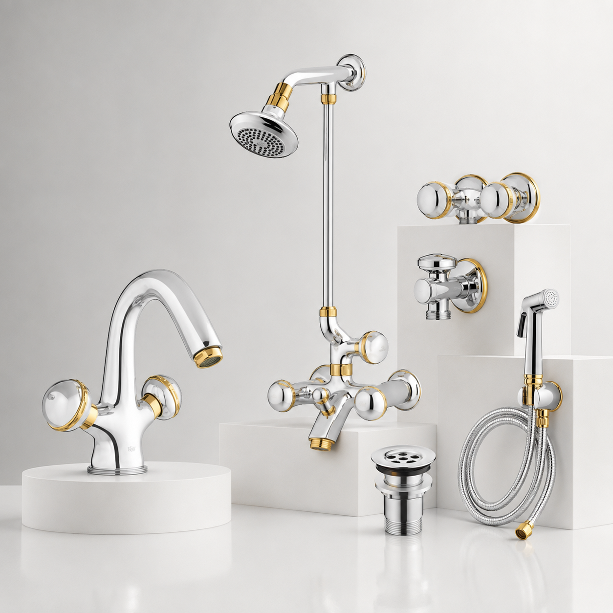 Faisal Sanitary Galaxy Series Full Round Chrome & Gold Bathroom Set – 6 Piece