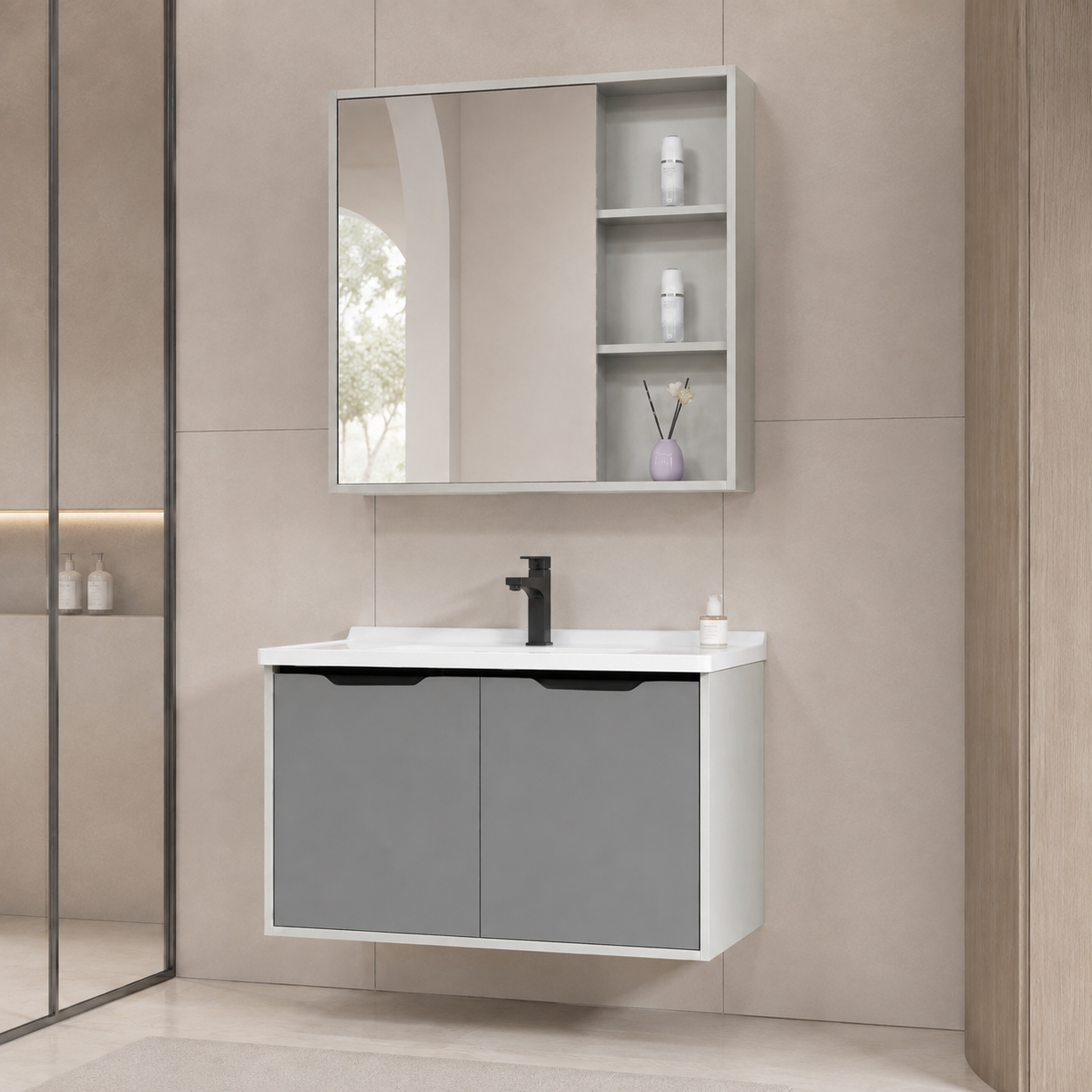Xin Shengk XS203 800mm Modern Wall-Mounted Bathroom Vanity with Mirror & Open Storage - Image 2