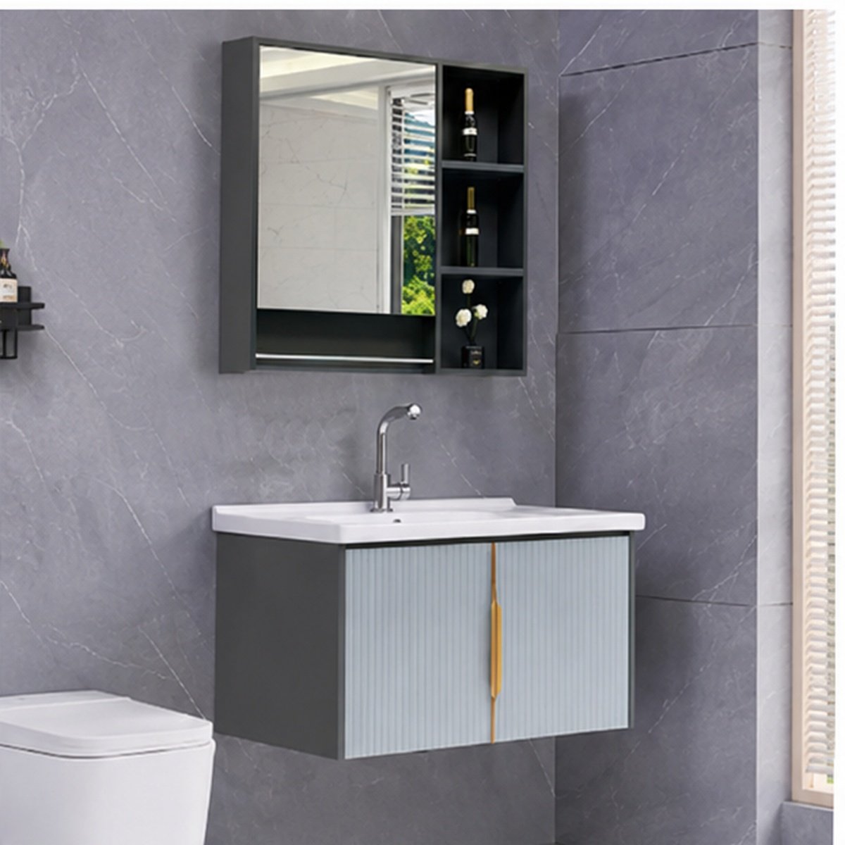 Xin Shengk XS-D11 800mm Modern Wall-Mounted Bathroom Vanity with Mirror & Open Storage - Image 2