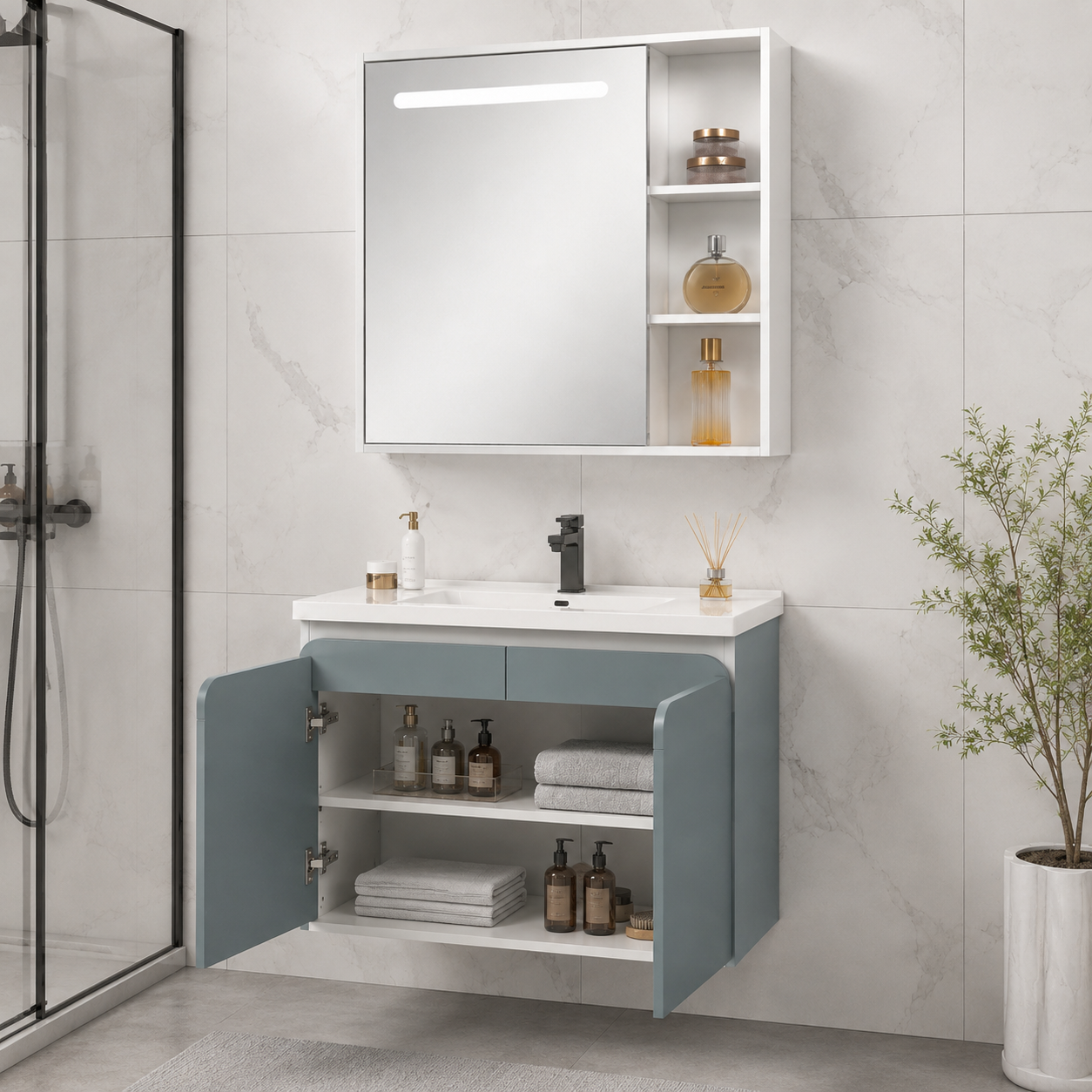 Xin Shengk XS6602 800mm Modern Wall-Mounted Bathroom Vanity with LED Mirror & Storage - Image 4