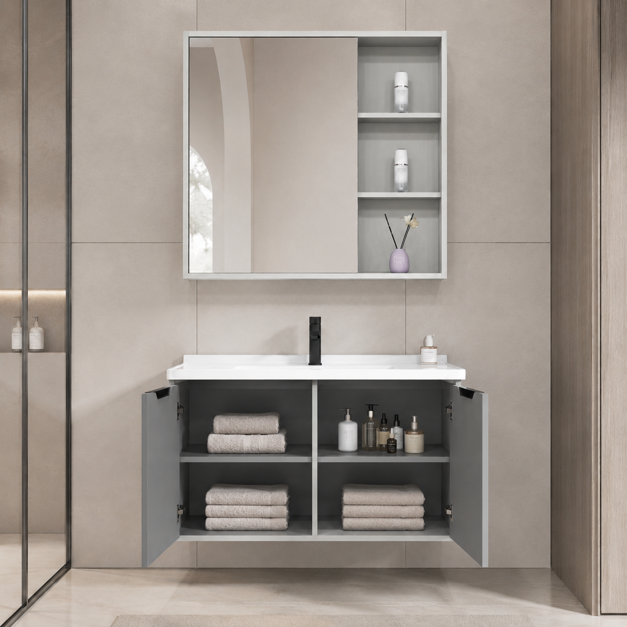 Xin Shengk XS203 800mm Modern Wall-Mounted Bathroom Vanity with Mirror & Open Storage - Image 3